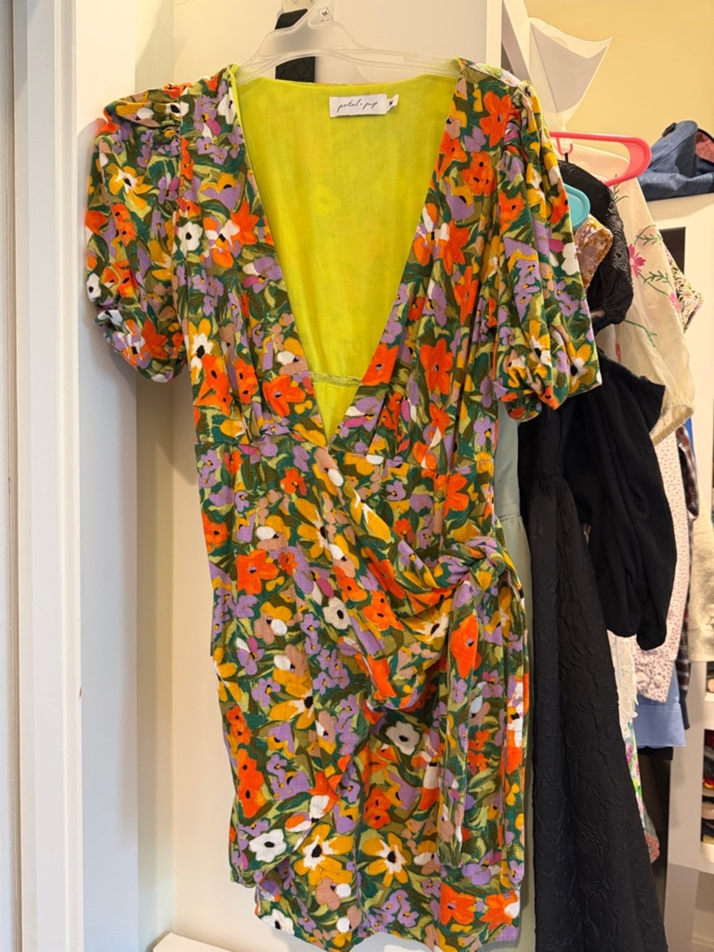Petal and pup Green Floral Wrap Mini Dress with Orange & Purple Blooms